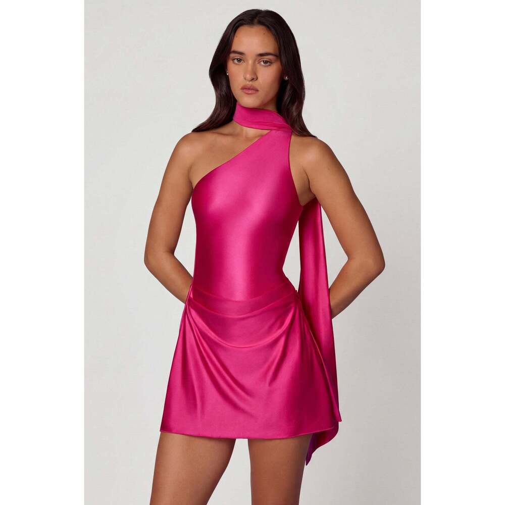 Oh Polly Asymmetric Scarf-Detail Mini Dress in Hot Pink 6